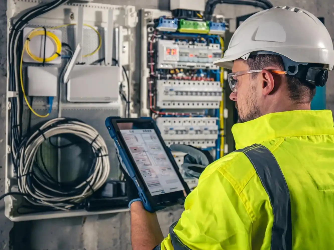 Man in a safety vest using a tablet to monitor energy in smart cities for sustainability